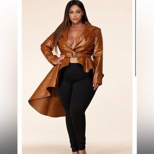 Latiste Cognac Faux Leather Peplum Hi Low Fashion Jacket